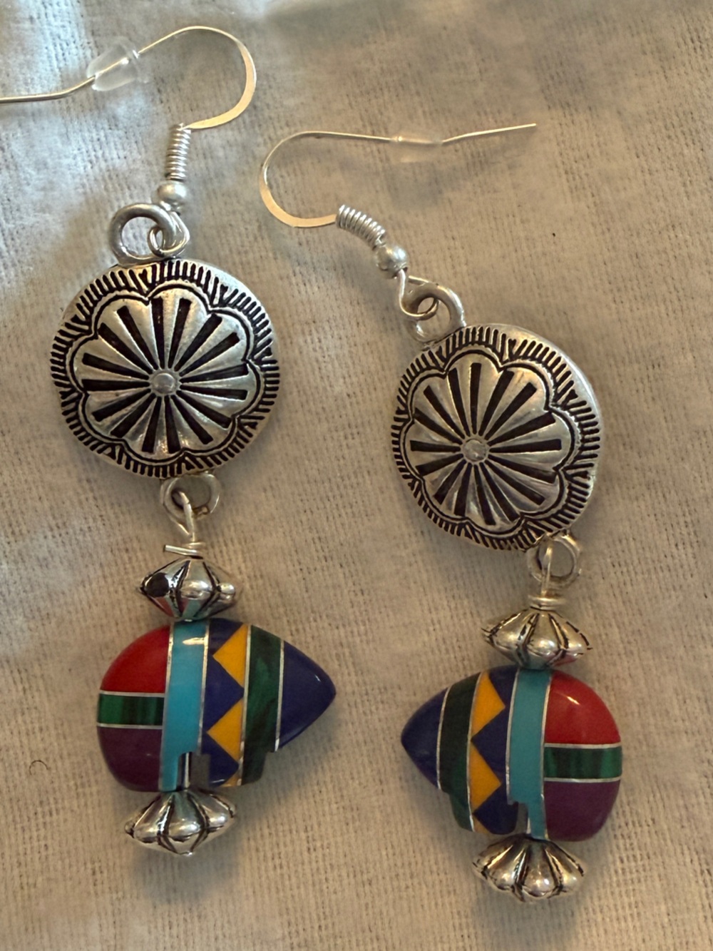 Native American Zuni Bear Multi-Color Silver Toned Drop Earrings